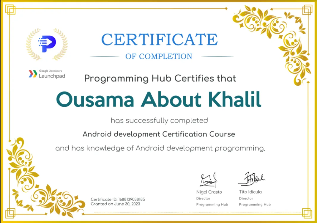 Programming Hub Android Development certificate