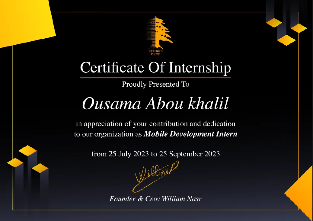 Cedars Byte mobile development internship certificate