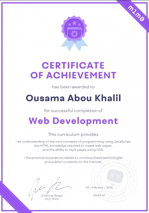 Mimo Web Development certificate