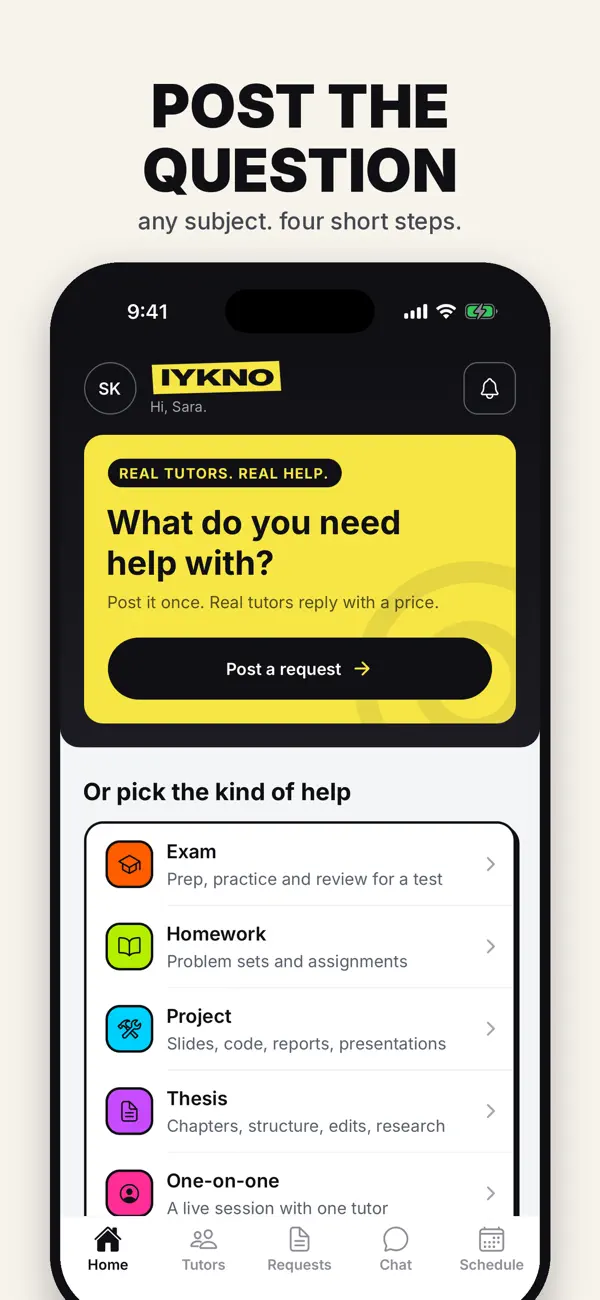 IYKNO app screenshot: post the question, any subject