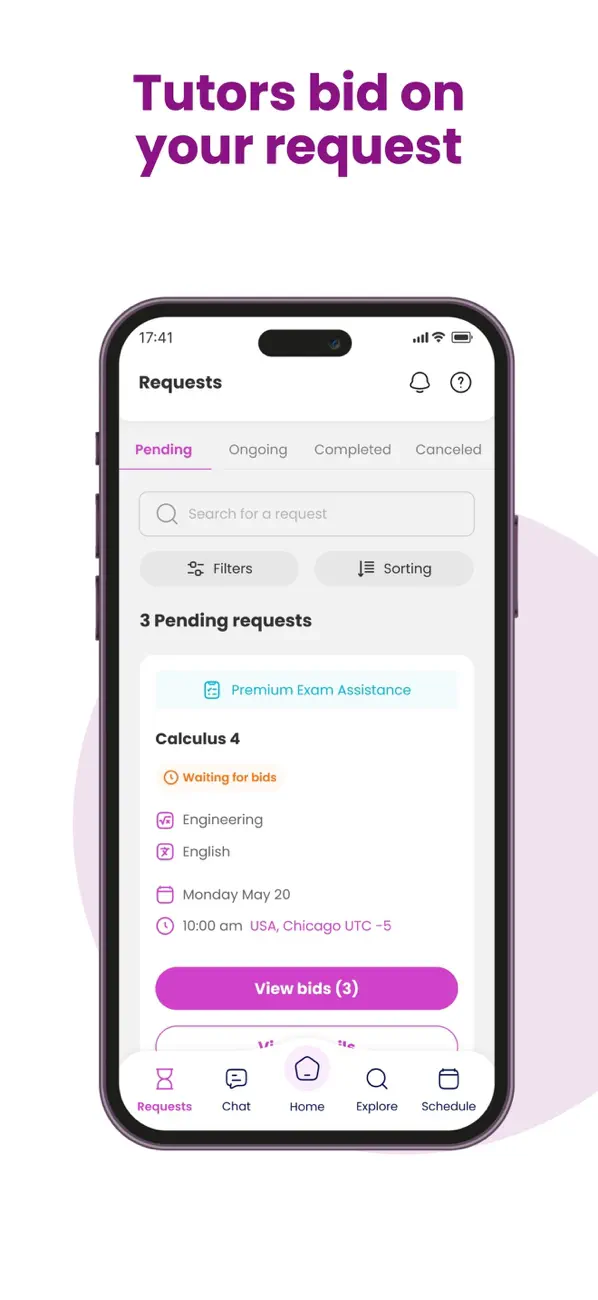 OEG app screenshot: tutors bid on your request