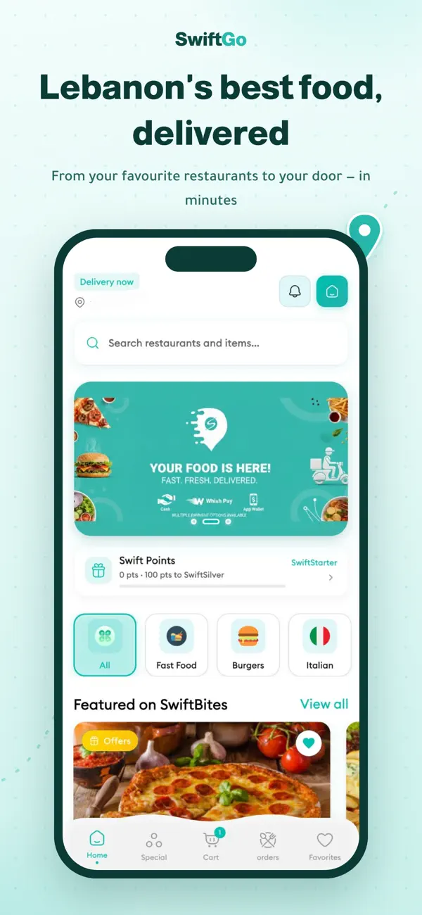 SwiftGo app screenshot: Lebanon's best food, delivered